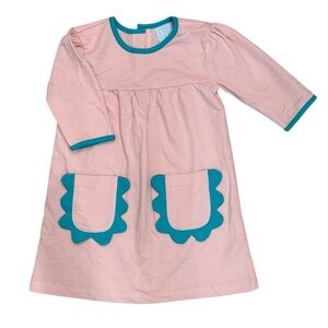 L1. Bella Bliss Pink and Blue Pocket Scalloped Long Sleeve Cotton Dress